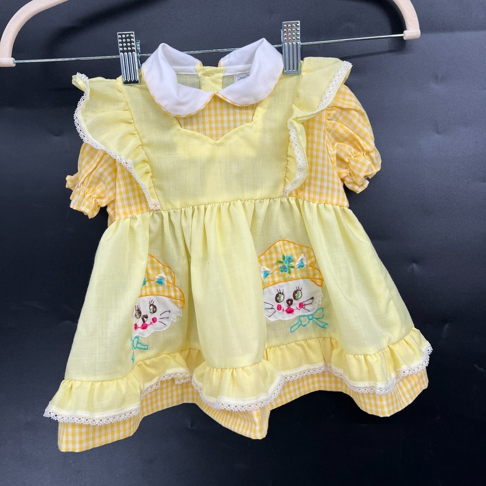 1960s Celanese Fortrel yellow gingham embroidered apron pinafore dress kawaii 12